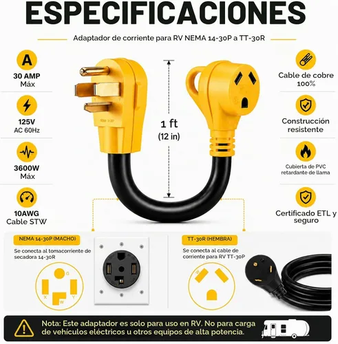 Vista 5 de Adaptador de salida de secadora de 30 amperios a RV, NEMA 14-30P a TT-30R, 125V