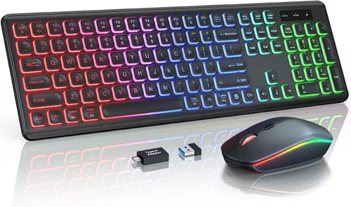 Vista 13 de Wireless Keyboard and Mouse Combo, RGB Backlit, Rechargeable & Light Up Letters, Full-Size, Soft Typing, Sleep Mode, 2.4GHz Quiet Keyboard Set for