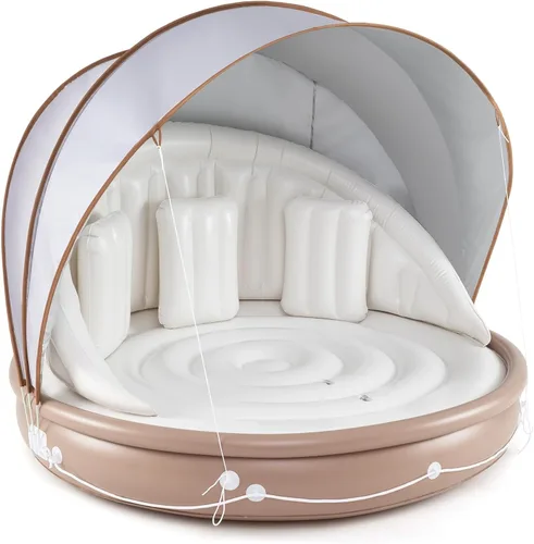 Vista 10 de Goplus Isla de toldo inflable, flotador de piscina de bronceado de 73 pulgadas con toldo retráctil y extraíble, SPF50+, 3 almohadas cómodas, carga