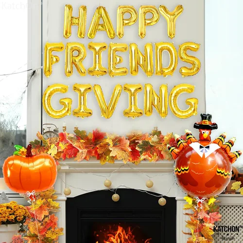 Vista 8 de KatchOn Juego de globos y pancartas de Happy Friendsgiving – Grande de 16 pulgadas, paquete de 3 Globos de pavo y calabaza Cartel de regalo