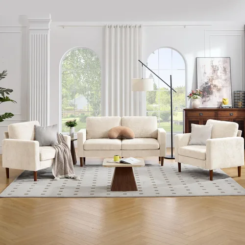 Vista 28 de Kingfun Silla decorativa, sillas de sala de estar, sillón de lectura de chenilla, de mediados de siglo con pie de madera maciza, decoración moderna