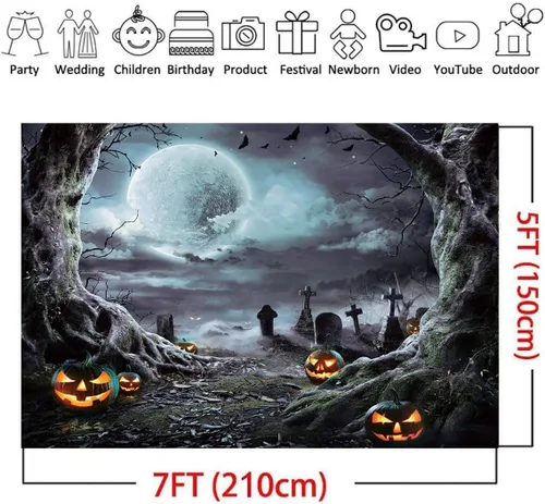 Vista 6 de Telón de fondo de fotografía de Halloween de 7 x 5 pies, horrible farol de calabaza y telón de fondo de noche de luna llena para decoración