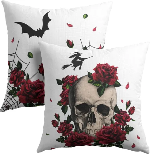 Vista 11 de Happy Halloween - Juego de 2 fundas de almohada decorativas de lino y algodón negro con diseño de murciélago blanco de 16 x 16 pulgadas, fundas