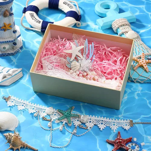 Vista 6 de MTLEE 2 piezas de accesorios de disfraz de sirena, estrella de mar, banda de mar, accesorios para el cabello de sirena y collar de estrella de mar