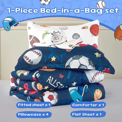 Vista 4 de Juego de edredón deportivo de 7 piezas para niños, suave y esponjoso, juego de ropa de cama de béisbol, tamaño individual con diseño de fútbol 3D