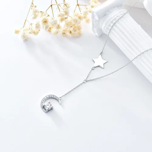 Vista 5 de WTYIM Collar de moissanita Y Lariat para mujer, chapado en oro blanco de 18 quilates, plata de ley 925, moissanita, diamante de luna y estrella