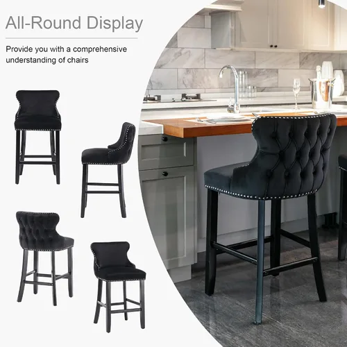 Vista 6 de Taburetes de bar tapizados de terciopelo modernos de 27 pulgadas con patas de madera, botón acolchonado, cabeza de clavo cromada, taburetes de bar