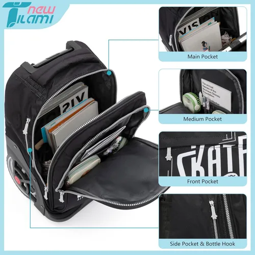 Vista 58 de NEW TILAMI Mochila con ruedas de 19 pulgadas con bolsa de almuerzo para niñas y niños, mochila para laptop con ruedas, bolsa de mano duradera
