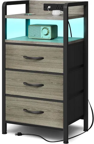 Vista 8 de Lazzanto Mesita de noche para dormitorio, mesita de noche con estación de carga y tira de luz LED, mesita de noche con estante de almacenamiento y 2