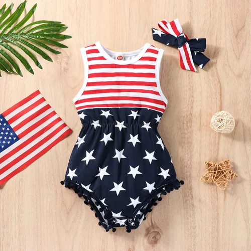 Vista 2 de LUZOZEZO Mameluco de borla con bandera americana para bebé niña pequeña con diadema