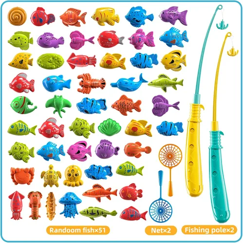 Vista 8 de TEMI - Juego de pesca para niños de 3, 4, 5, 6, 7, 8 años, juego de baño con 51 peces para niños pequeños, juguete con caña magnética y red