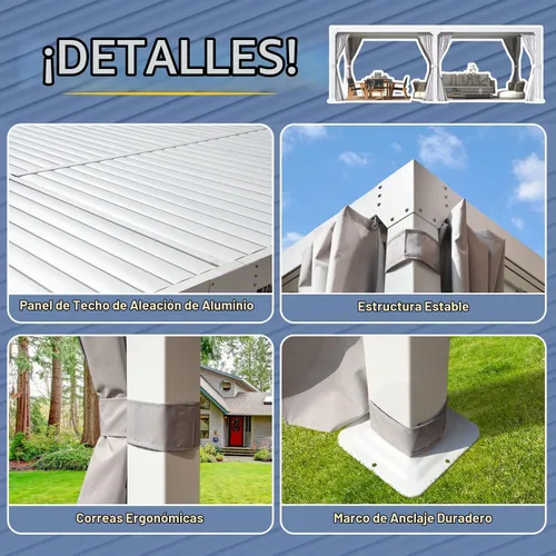 Vista 8 de MELLCOM Pérgola con listones de 10x20 con techo ajustable con cortinas y Blanco