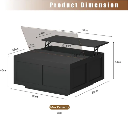 Vista 2 de HedoAjim Mesa de centro elevable con almacenamiento, mesa de centro cuadrada negra de 31.5 pulgadas con gran almacenamiento oculto, mesa central