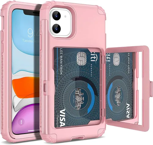 Vista 13 de WeLoveCase para iPhone 11 Estuche tipo billetera Defender con portatarjetas, cubierta con espejo oculto, tres capas, a prueba de golpes, protección