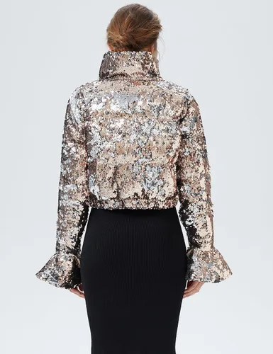 Vista 2 de Orolay Chaqueta pequeña de lentejuelas ultra corta con cuello alto para mujer