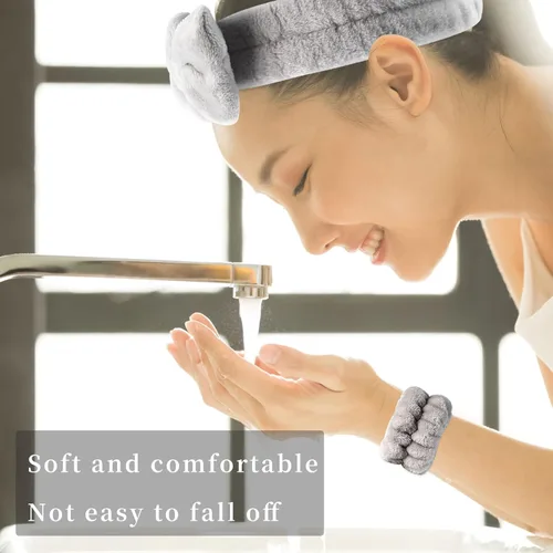 Vista 2 de SLNZAPTY Juego de 12 diademas y muñequeras para lavado facial para mujeres, envolturas de cabello de microfibra tipo spa para niñas, diademas y beige