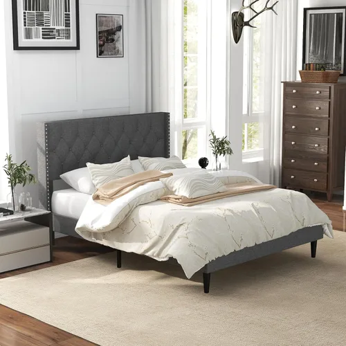 Vista 4 de Giantex Base de cama tapizada de tela de lino de tamaño matrimonial, marco de cama moderno con cabecera capitoné con botones, base de colchón