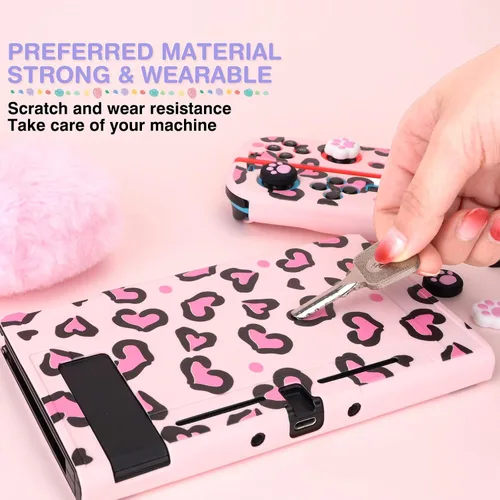 Vista 3 de DLseego Pink Love Leopard Carrying Case for Switch, Cute Silicone Protective Case Soft Cover with 4PCS Thumb Grip Caps and Pink Plush Heart Pendant