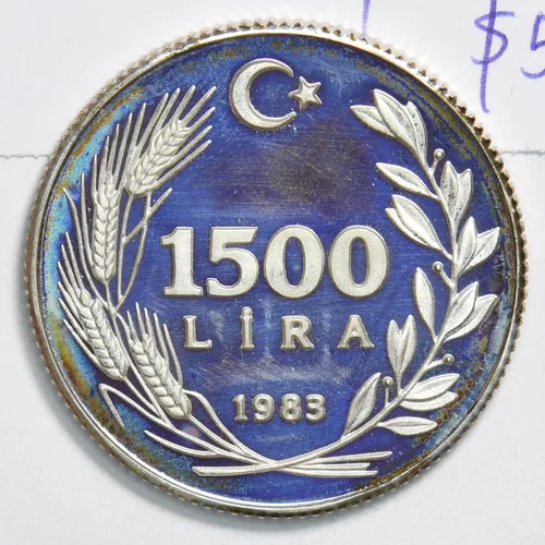 Vista 2 de Moneda Coleccionable Turquía 1983 1500 Lira Cabra Animal Proof Día mundial de la comida T0121