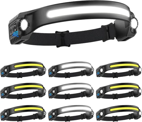 Vista 7 de Paquete de 5 linternas frontales recargables, linterna de cabeza de haz ancho de 230° con 2 focos, linterna frontal LED con sensor de movimiento