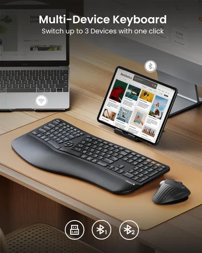 Vista 4 de ProtoArc Teclado ergonómico Bluetooth retroiluminado, EK01 Plus, teclado inalámbrico dividido de tamaño completo con Bluetooth dual y USB