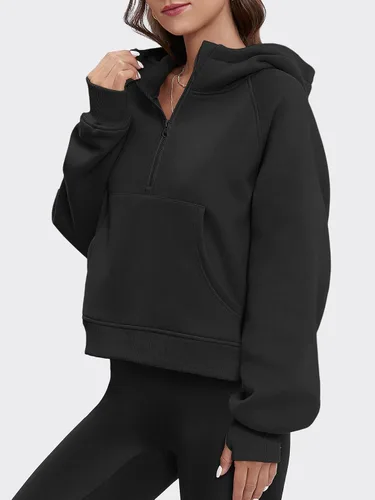 Vista 2 de ATHMILE Sudaderas cortas con capucha para mujer, media cremallera, forro polar, ropa de invierno, con cremallera de un cuarto