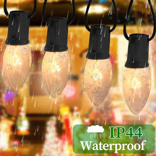 Vista 5 de Bombillas de repuesto C9 transparentes incandescentes paquete de 25 bombillas de repuesto para luces de Navidad C9, base intermedia E17, 7 vatios
