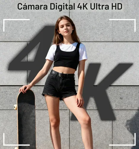 Vista 2 de Cámara digital 4K, cámara digital compacta digital de enfoque automático, zoom digital de 16X, cámara de viaje mejorada con tarjeta SD de 64 GB, 2