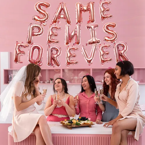 Vista 4 de Globos colgantes de 16 pulgadas con texto en inglés "Same Forever", globos de letras de aluminio de oro rosa para bodas, despedidas de soltera