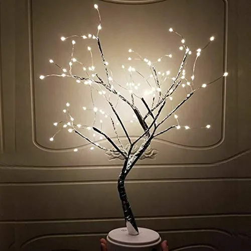 Vista 6 de Lxcom Lighting Luces LED de rama, 108 LED, ramas de árbol de alambre de cobre plateado, árbol de mesa LED bonsái, funciona con pilas, con Blanco