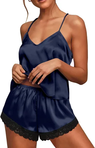 Vista 3 de Ekouaer - Pijama de satén para mujer, ropa de dormir de encaje, lencería, camisola y pantalones cortos, tallas XS a 2XL