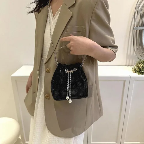 Vista 2 de Bolso de mano de noche con diamantes de imitación para mujer, con cordón brillante, bolso de hombro cruzado para baile de graduación