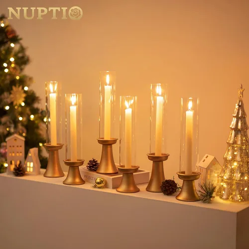 Vista 3 de NUPTIO - Candelabro dorado para centro de mesa: juego de 6 portavelas Hurricane cónicos con funda de cilindro de vidrio - soportes de velas a granel