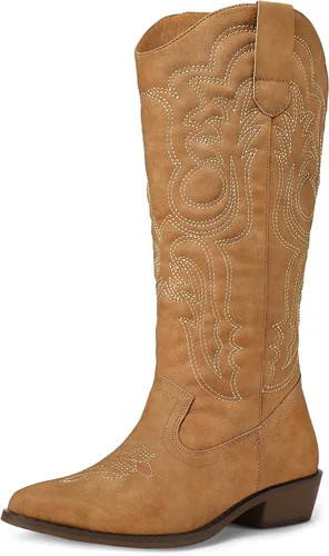 Vista 16 de mysoft Botas vaqueras para mujer de media pantorrilla bordadas estilo occidental de punta puntiaguda con tacón grueso tipo pull-on hasta la rodilla