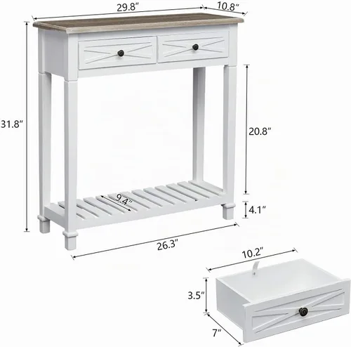 Vista 2 de Mesa consola para entrada con 2 cajones, mesa de entrada de 30 pulgadas de largo con estantes de almacenamiento abiertos y mango de metal hecho a
