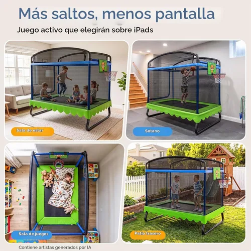 Vista 9 de Zupapa - Trampolín rectangular para niños de 4 x 6 pies con red de seguridad, aro de baloncesto, marco de doble capa resistente, trampolín cuadrado