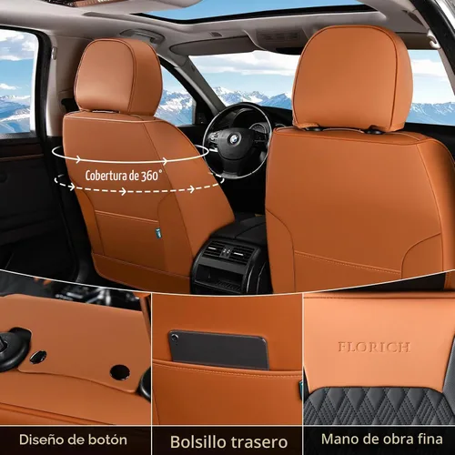 Vista 2 de FLORICH Fundas de asiento, juego completo de fundas de asiento de automóvil, fundas de asiento de cuero de napa de lujo, transpirables e marrón