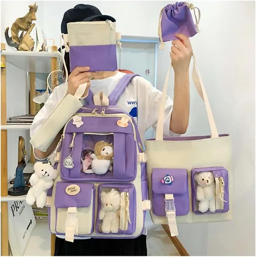 Vista 3 de Mochila Kawaii de 5 piezas, bolsa deportiva estética de 17 pulgadas con bonita mochila, bolsa de hombro, caja de lápices, bolsa de mano, bolsa