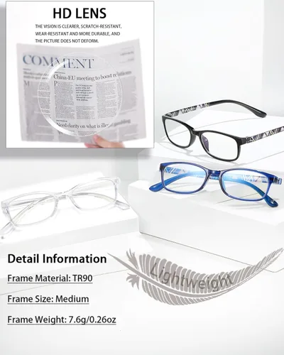 Vista 7 de EYEURL Lentes de lectura para mujeres y hombres, bloqueo de luz azul, 0.00 anti fatiga ocular, TR90 lentes de marco rectangular ultraligero