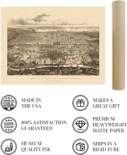 Vista 4 de HISTORIX Póster de mapa vintage de Filadelfia Pensilvania de 1857 – Mapa vintage de Filadelfia de 18.0 x 24.0 in – Vista de pájaro de Filadelfia PA