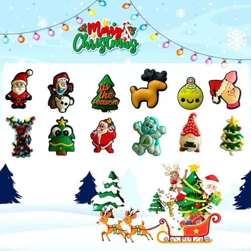 Vista 6 de Jibicharrm 35 dijes de zapatos de Navidad para niños, dibujos animados al azar de PVC, accesorios de decoración de zapatos, dijes con árbol