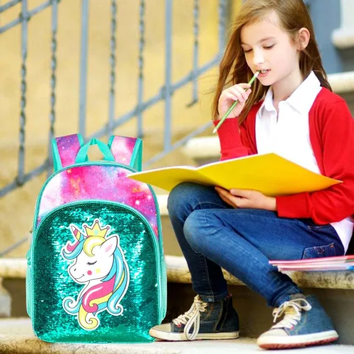 Vista 8 de 3 mochilas de unicornio para niñas, 16 pulgadas, con lentejuelas, con lonchera, bolsas escolares para preescolar primaria, jardín de infantes