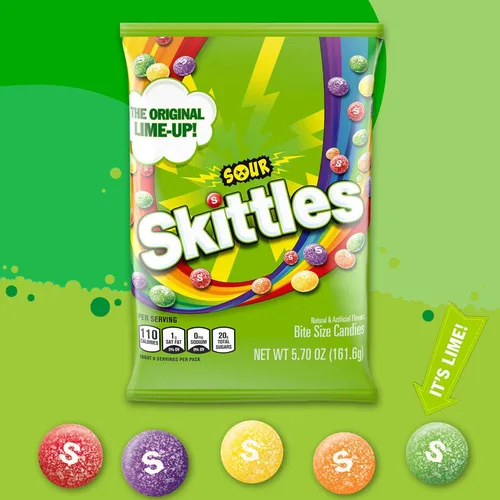 Vista 4 de Bolsa de caramelos Skittles de tamaño mordisco, sabores ácidos, 5.7 onzas