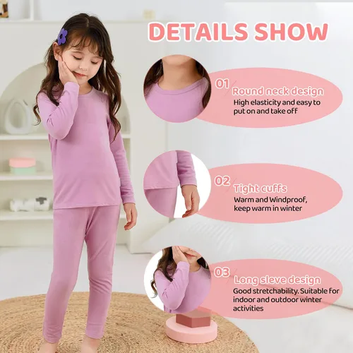 Vista 3 de Zando Conjunto de ropa interior térmica para niñas, capa base para niños pequeños, pantalones largos de invierno suaves para niños pequeños