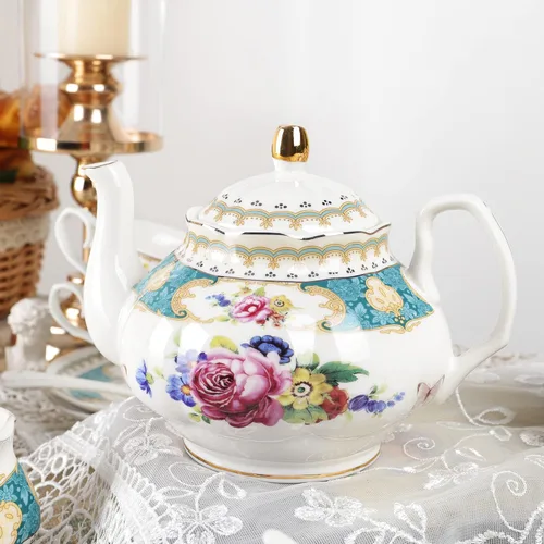 Vista 3 de fanquare Juego de té de porcelana europea de 21 piezas, tazas y platillos verde azulado para 6, juego de regalo de té azul para adultos