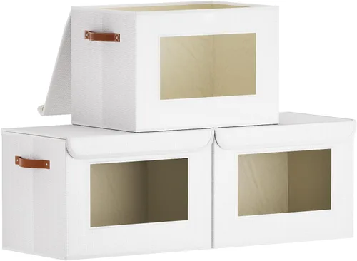 Vista 20 de Cajas de almacenamiento plegables con tapas, organizadores de armario de lino, contenedores de almacenamiento de 10.2 x 7.8 x 6.7 pulgadas para Beige