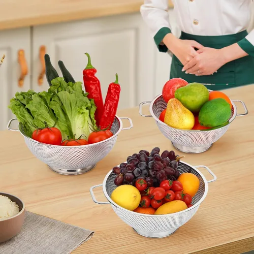 Vista 6 de Colador para cocina, 3QT, colador filtro de acero inoxidable con asa para frutas, verduras, cocinar alimentos, apto para lavavajillas