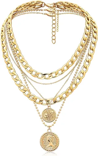 Vista 15 de MJartoria Collares de oro en capas para mujer, collar retro de moda con dije de moneda de flor de nacimiento, collar delicado y grueso para joyería