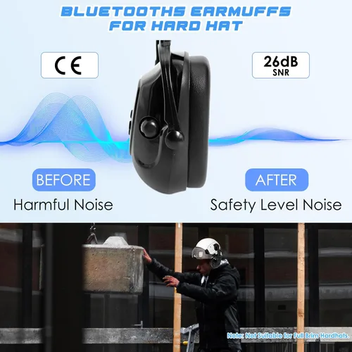 Vista 6 de Aolamegs Orejeras con Bluetooth para casco duro, NRR de 26 db, con cancelación de ruido, orejeras para llamadas, música, protección auditiva