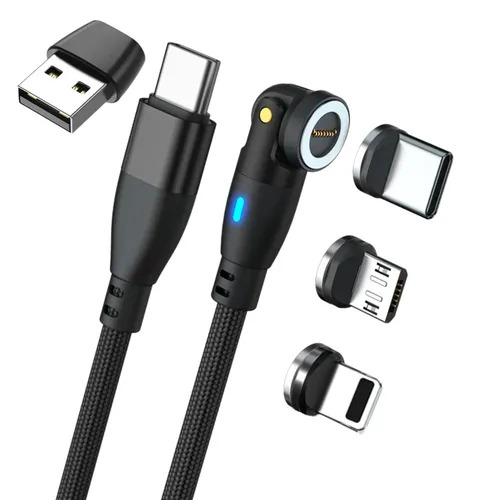 Vista 6 de Cable magnético de carga rápida 3 en 1 USB tipo C de 540º con puntas intercambiables magnéticamente para micro USB, USB tipo C e iProducts (negro)